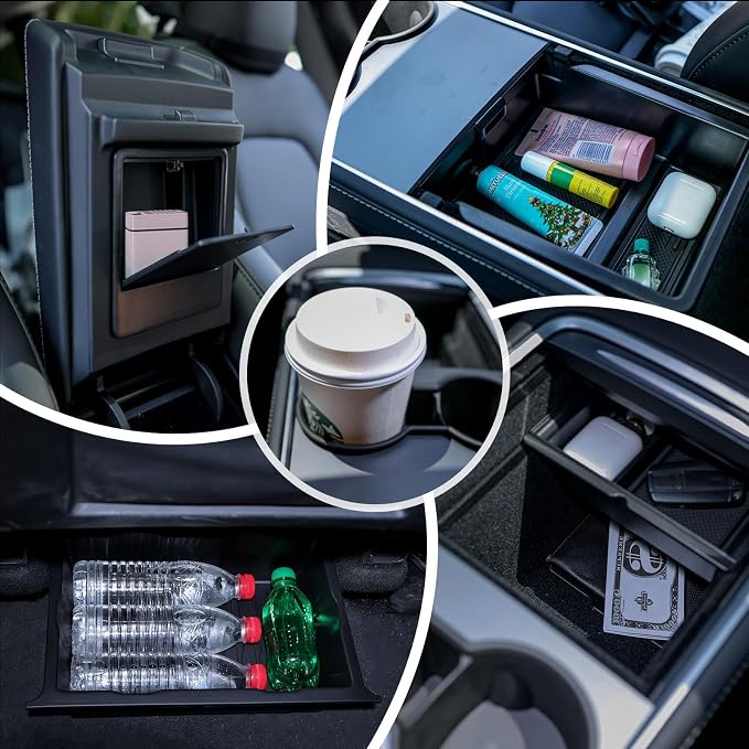 5PCS Center Console Organizer Tray for Tesla Model Y 2021 2022 2023 2024, 2021-2022 Tesla Model 3 Interior Accessories Armrest Storage Tray Hidden Storage Box Cup Holder (5PCS)