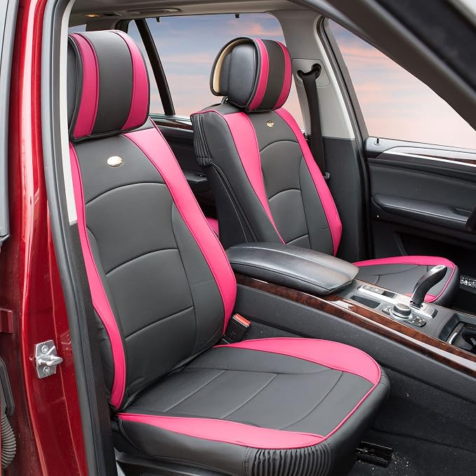 FH Group Ultra Comfort Highest Grade Faux Leather Full Set Cushion Pads Car Seat Covers for Front and Rear– Universal Fit for Cars Trucks & SUVs Pink/Black