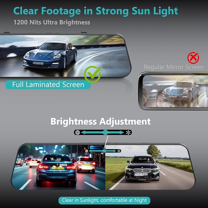 12'' 4K Rear View Mirror Camera,4K+2.5k Front and Rear Mirror Dash Cam,ADAS BSD LCA Smart Rearview Mirror for Cars,App WiFi,Night Vision, Parking Monitor, 64GB Card & GPS Digital View Mirror Dashcam