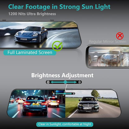 12'' 4K Rear View Mirror Camera,4K+2.5k Front and Rear Mirror Dash Cam,ADAS BSD LCA Smart Rearview Mirror for Cars,App WiFi,Night Vision, Parking Monitor, 64GB Card & GPS Digital View Mirror Dashcam