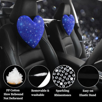 Car Bling Pillows Automobile Headrest Neck Pillow Shiny Diamond Interior Accessories for Women, Girls and Ladies Car Nevk Pillow Rhinestone Universal Fit Blue 2 Pieces