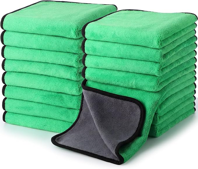 Nuenen 20 Pcs Microfiber Car Drying Towels Microfiber Cleaning Cloth 800 GSM Thick Plush Cleaning Dusting Cloth Auto Detailing Absorbent Towels Rags for Car Household Kitchen Window(Grey and Green)