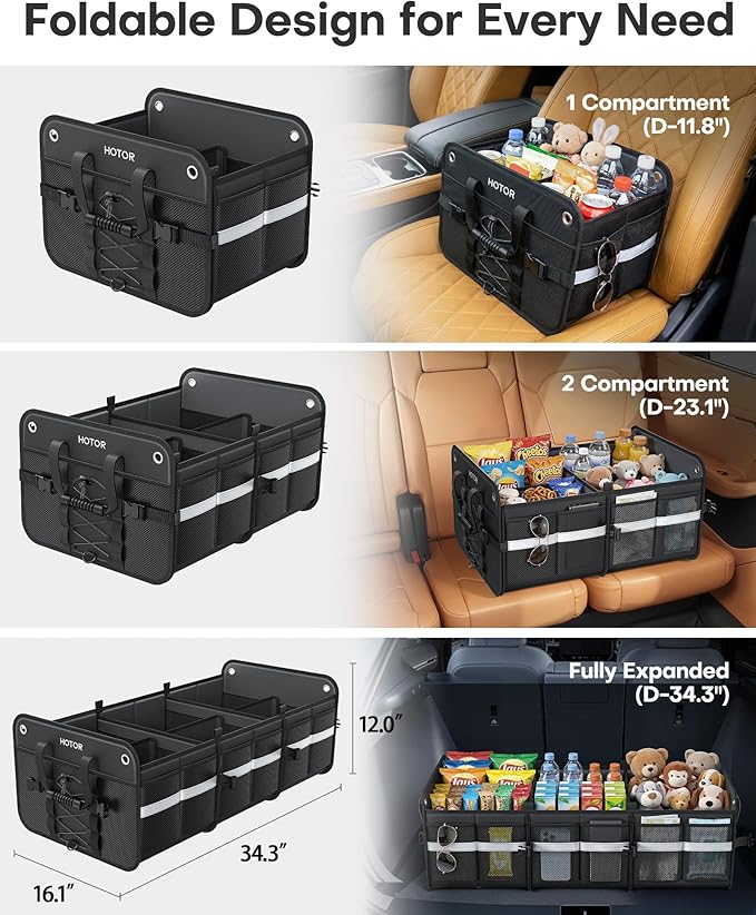 HOTOR Trunk Organizer for SUV – Car Storage Box with Reflective Strips, Collapsible Car Organizer with Large Capacity, Essential Car Accessories for Truck, Van & Sedan, Black, 34.3" x 16.1" x 12.0"