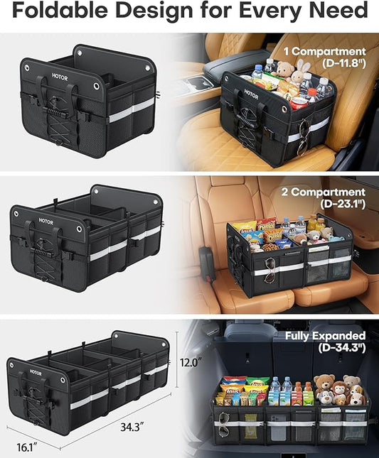 HOTOR Trunk Organizer for SUV – Car Storage Box with Reflective Strips, Collapsible Car Organizer with Large Capacity, Essential Car Accessories for Truck, Van & Sedan, Black, 34.3" x 16.1" x 12.0"