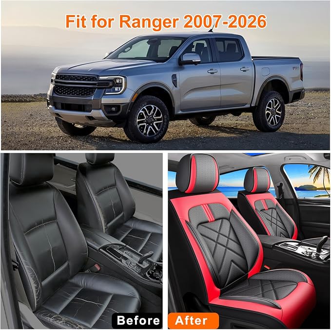 Ranger Car Seat Covers Custom Fit for Ford Ranger 2019-2026 Full Coverage Leather Waterproof Breathable Seat Covers Full Set, Automotive Seat Protectors, Airbag Compatible(5 Seats, Black & Red)