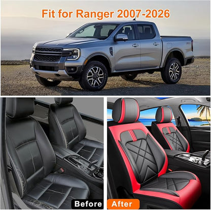Ranger Car Seat Covers Custom Fit for Ford Ranger 2019-2026, Full Coverage Leather Waterproof Breathable Seat Covers, Automotive Seat Protectors, Airbag Compatible(2 Front Seats, Black & Red)