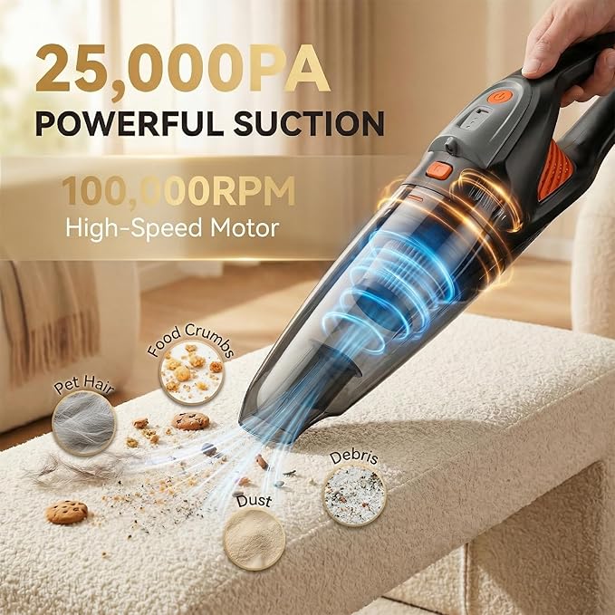 Handheld Vacuum Cordless, 25000Pa Powerful Suction Car Vacuum Portable Cordless with 8000mAh Battery & LED Light, Hand Held Vacuum Rechargeable with HEPA Filters, Home, Car Seats, Pet Hair Orange