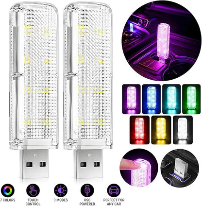 USB Car Interior Lights 2 Pack, RGB Ambient LED Car Lights with 7 Colors, 3 Lighting Modes & Touch Control, Plug-and-Play USB Mood Light for Cars, Trucks, SUVs, Bedroom, Desk, Gaming Room