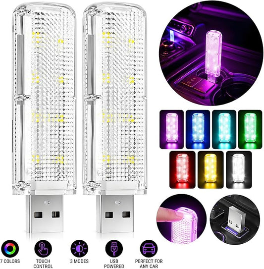 USB Car Interior Lights 2 Pack, RGB Ambient LED Car Lights with 7 Colors, 3 Lighting Modes & Touch Control, Plug-and-Play USB Mood Light for Cars, Trucks, SUVs, Bedroom, Desk, Gaming Room