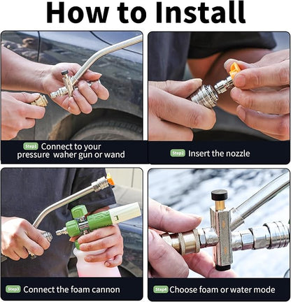 FENG PAI Pressure Washer Foam Cannon with Dual-Connector Accessory & 7 Power Washer Sprayer Nozzles, Double Tip Attachment For Soap Cannon, 1/4" Quick Connect, 3600 PSI, White Bottle