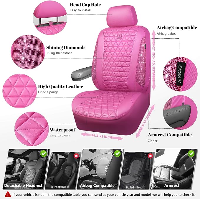 CAR PASS Hot Pink Bling Diamond Leather Car Seat Covers Full Sets, Waterproof Shining Glitter Sparkly Crystal Universal Armrest Fit for Automotive Truck SUV Cute Women Girl,Hot Pink Rhinestone