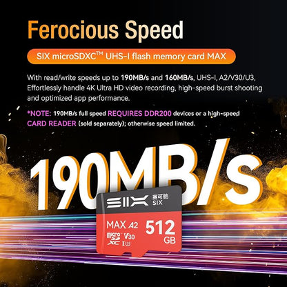 SIX M200 256GB Micro SD Card Read Up to 190MB/s for 4K UHD Continuous Recording - A2, U3, V30 microSDXC Memory Card 256GB with Adapter for Action Cameras, Drones, Gaming Consoles, Dash Cams, Phones