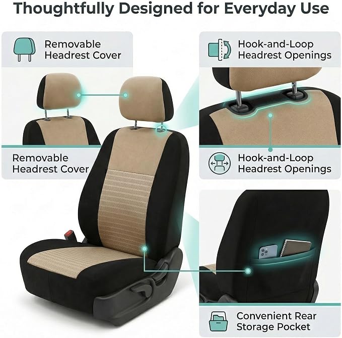 FH Group Universal Car Seat Covers Front Set for SUV Truck Sedan Vans | 3D Textured Breathable Fabric Seat Cover Set Protector with Airbag Compatible Interior Upgrade - Beige