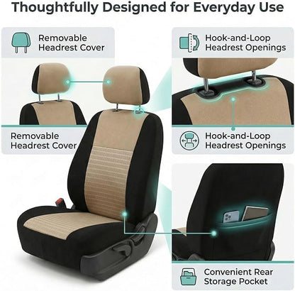 FH Group Universal Car Seat Covers Front Set for SUV Truck Sedan Vans | 3D Textured Breathable Fabric Seat Cover Set Protector with Airbag Compatible Interior Upgrade - Beige