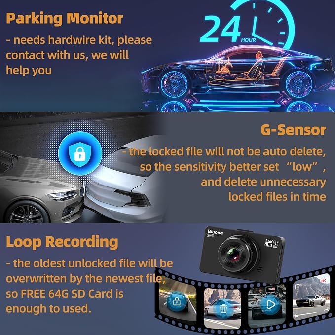 Dash Cam Front and Rear Dash Camera WiFi/APP Control Car Camera with 64G Card 2.5K Front Dash Cam+1080P Rear Dashcams with Super Night Vision, Loop Recording, G-Sensor