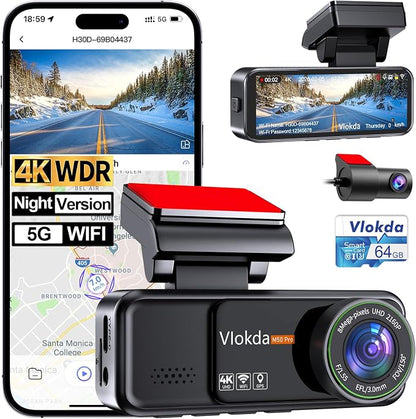 Dash Cam Front and Rear, 4K + 1080P Dual Camera for Cars 64GB | Built-in GPS, 5.8GHz WiFi, 3.2" IPS Screen, 24H Parking Mode