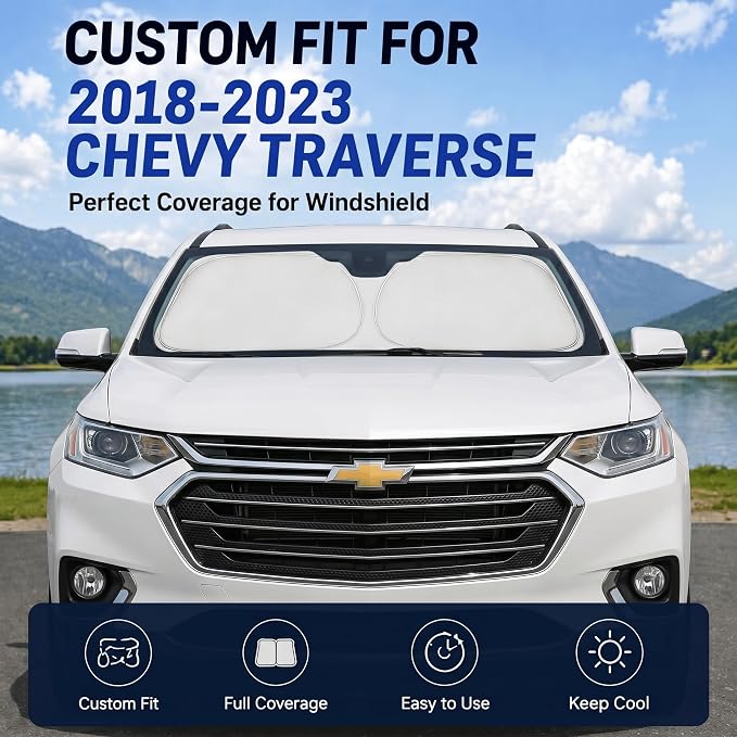Car Sun Shade for 2018-2023 2024 2025 2026 Chevrolet/Chevy Traverse Accessories Windshield Sunshade Cover Front Window Shade Custom Fit Traverse Sun Visor Protector Foldable Blocks UV Rays