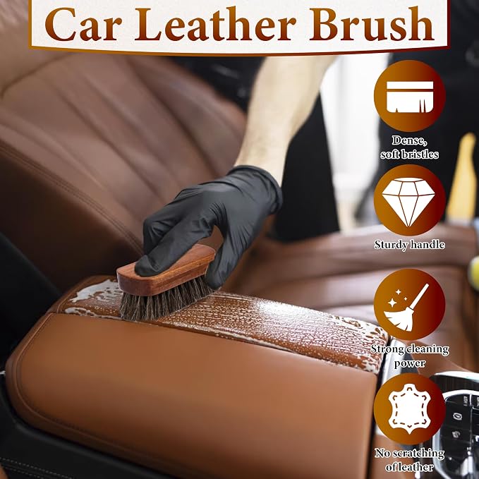 5 PCS Leather Brush Car Detailing, Horse Hair Brush, Car Cleaning Supplies, Car Interior Brush, Carpet Brush for Car Detailing, for Car Accessories Interior, Carpet, Upholstery, Furniture and Shoes