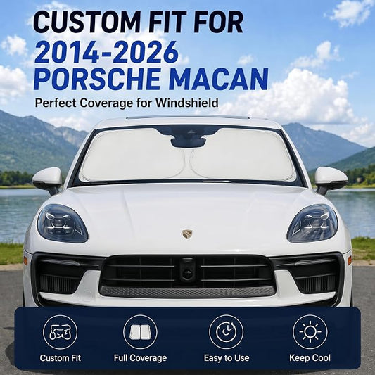 Custom Fit Windshield Sun Shade for Porsche Macan 2014-2026 | Custom Fit Windshield Cover, Blocks UV Rays, Double-Layer Heat Shield, Durable Frame, Easy Fold & Storage