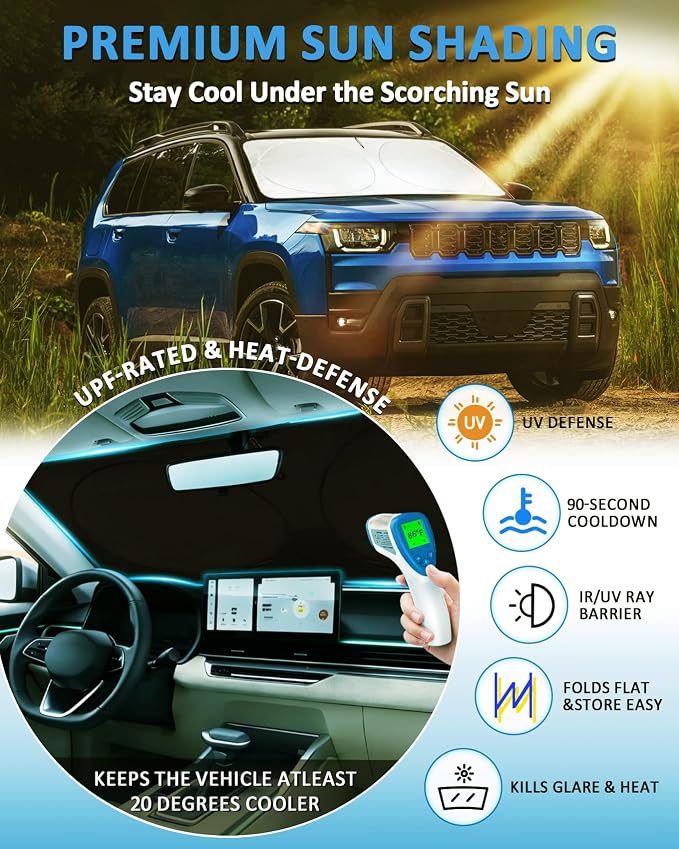 Sun Shade for Jeep Grand Cherokee Windshield Sunshade for Jeep Grand Cherokee 2022-2025 Accessories Front Window Shield Windshield Cover Foldable Sun Visor Protector Keeps Your Vehicle Cool Reflector