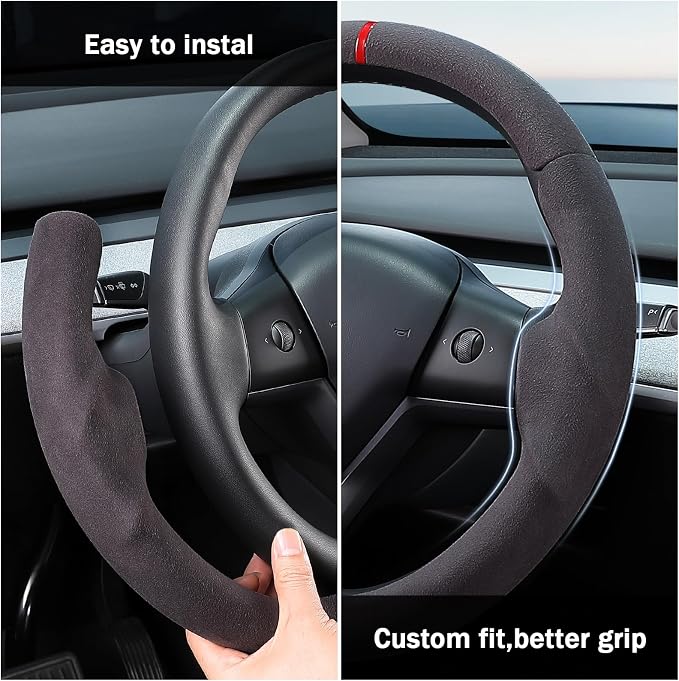 Steering Wheel Cover for 2017-2023 Tesla Model 3 2020-2024 Tesla Model Y, Suede Steering Wheel Cover for Tesla Model 3/Y Accessories, Black
