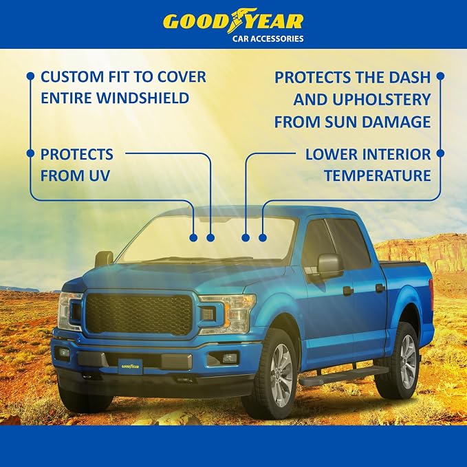 Goodyear Foldable Windshield Sunshade for Ford F150 2015-2026, Truck car Accessories, Sunshade Cover, Sun Shade Car Windshield, Window Sun Blocker - GY008255