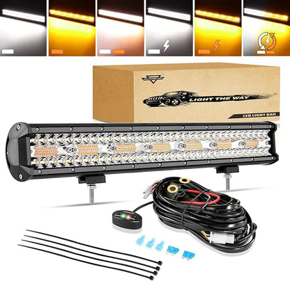 Auxbeam 20 Inch LED Light Bar 420W 6 Modes Amber White Strobe Light, Off-Road Driving Light Spot Flood Combo Work Light with 16AWG 10FT Wiring Harness Kit - 1 Lead for Jeep Wrangler Boat Truck SUV ATV