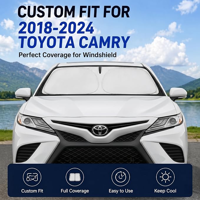 Custom Fit Windshield Sun Shade for Toyota Camry 2018-2024 | Perfect Vehicle Fit, Cooler Interior, Blocks UV Rays, Stronger Frame, Easy Fold & Store