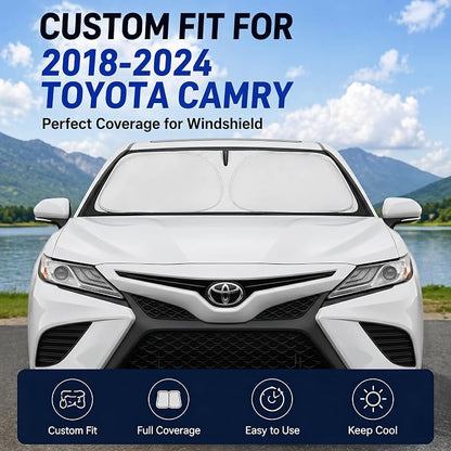 Custom Fit Windshield Sun Shade for Toyota Camry 2018-2024 | Perfect Vehicle Fit, Cooler Interior, Blocks UV Rays, Stronger Frame, Easy Fold & Store