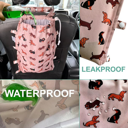 Leak-Proof Waterproof Car Trash Bag Foldable Multipurpose Trash bin Container Storage Cute Grocery Organizer for Automotive Cars SUVs and Trucks Backseat Headrest 7 Liters