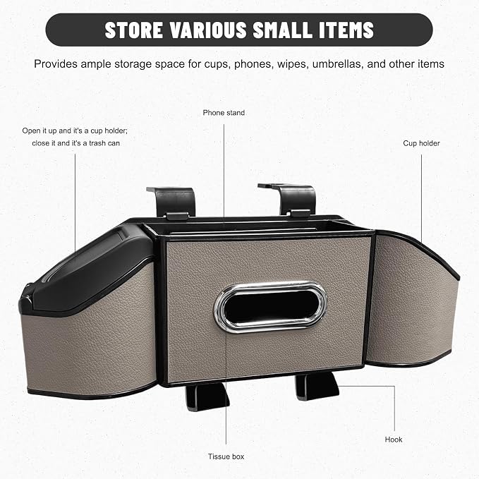 Car Backseat Organizer, 7-In-1 Multifunctional Car Headrest Storage Box with Hook Phone Holder & Cup Holder, Vehicle Hanging Seat Back Organizer for Hold Phone Snacks Drinks (Gray)