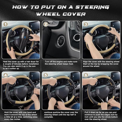 SEG Direct Steering Wheel Cover for Car, Standard Size 14.5-15 inch, Auto Interior Accessories, Black with Golden Carbon Fiber Pattern