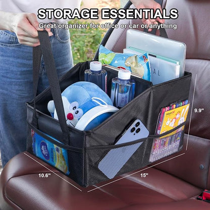 Front-Back Seat Car Organizer Box - Portable Passenger Seat Organizer, Odorless Fabric Car Seat Organizer, Universal Foldable Auto Seat Storage Caddy for Kids & Adults Road Trip Essentials (Black)