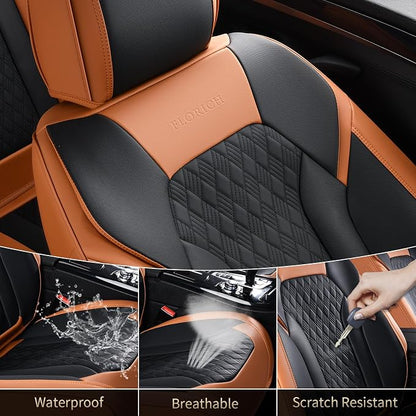 FLORICH Seat Covers, Car Seat Covers Full Set, Luxury Nappa Leather Seat Covers, Breathable and Waterproof Car Seat Protector 5 Seat, Automotive Seat Covers Universal Fit for Most Cars-Brown&Black