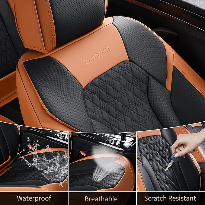 FLORICH Seat Covers, Car Seat Covers Front Seats, Luxury Nappa Leather Seat Covers, Breathable and Waterproof Car Seat Protector 2 Seat, Automotive Seat Covers Universal for Most Cars-Brown&Black