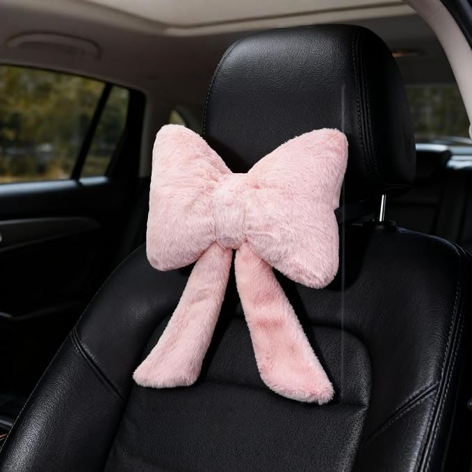 Car Neck Pillow Plush Bowknot Car Headrest Pillow Comfortable Neck Support for Driving Soft Touch Fabric Car Pillow Cute Interior Decor (Pink-1Pcs)