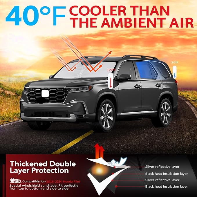 KAYZT Windshield Sun Shade for 2016-2024 Honda Pilot Foldable Sunshade Front Window Custom Fit Car Accessories