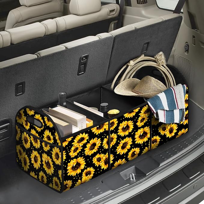 Sunflower Car Trunk Storage Box with Pockets Car Accessory for SUVs Cars Automotive Organizer