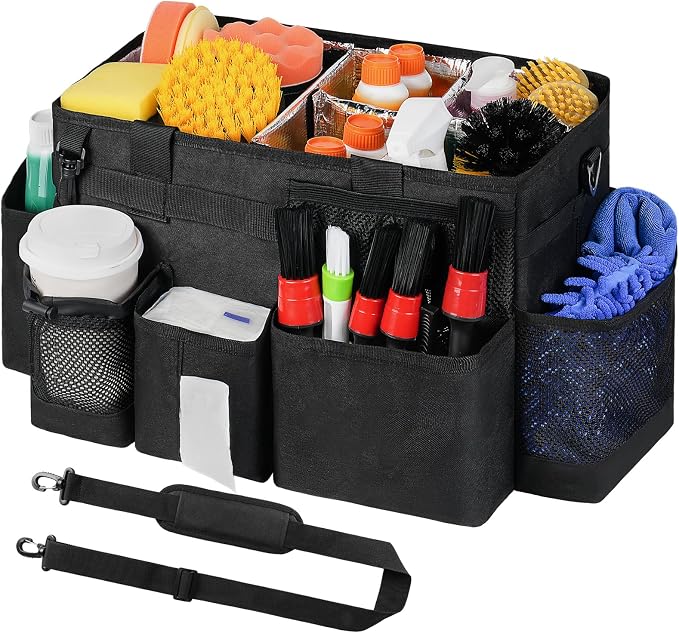 Wearable Detailing Caddy, Car Care Carrying Bag with Handle and Detachable Padded Cushion for Auto Cleaning Supplies & Vehicle Wash Tools, Black