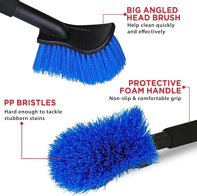 TAKAVU 17.5" Wheel Tire Body Brush Stiff Bristle - Gentle Car Wash Brush Long Handle for Safe Tire Sidewall & Wheel Cleaning - Scratch - Free Automotive Tool (Blue)