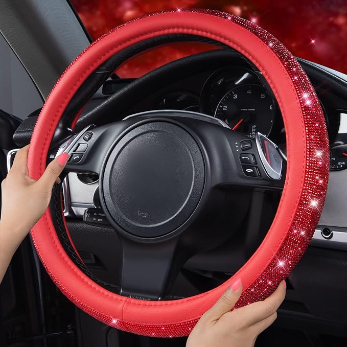 CAR PASS Bling Diamond Leather Steering Wheel Cover, with Bling Sparkly Crystal Glitter Rhinestones Universal Fit 14" 1/2-15" Car Wheel Protect for Women Girl Fit Suvs,Vans,Sedans,Cars,Trucks, Red