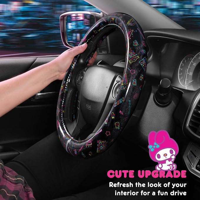 Hello Kitty Steering Wheel Cover, Official Sanrio Car Steering Wheel Cover with Universal Size 14.5-15, Cute Black Hello Kitty Car Accessories for Women (Hello Kitty Kawaii Arcade)