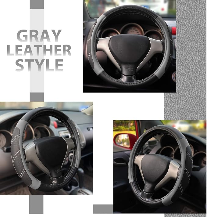 Elantrip Leather Large Steering Wheel Cover 15 1/2 to 16 inch Soft Grip Breathable for Car Truck SUV Jeep Anti Slip Black and Gray