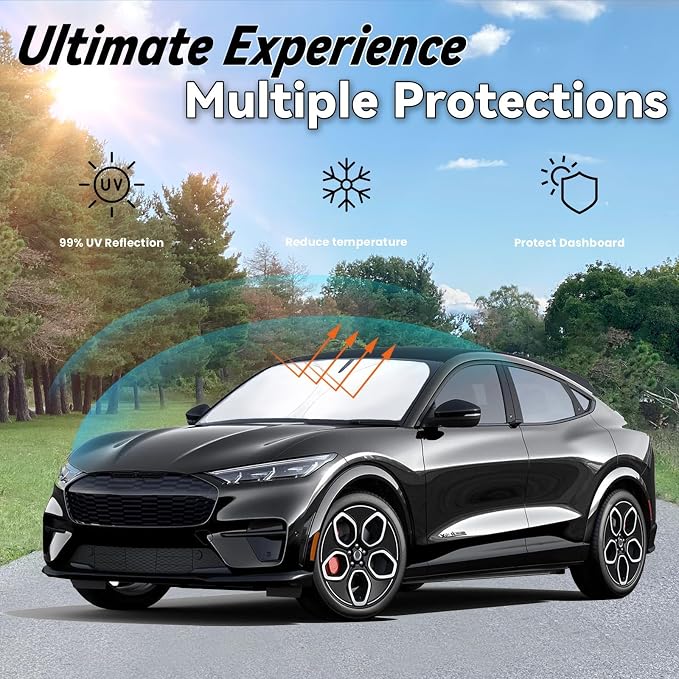 Windshield Sun Shade for Ford Mustang Mach E 2021-2026, Car Front Window Sun Visor & Heat Shield | 240T Sunshade Protection Blocks UV Rays Keep Your Car Cooler