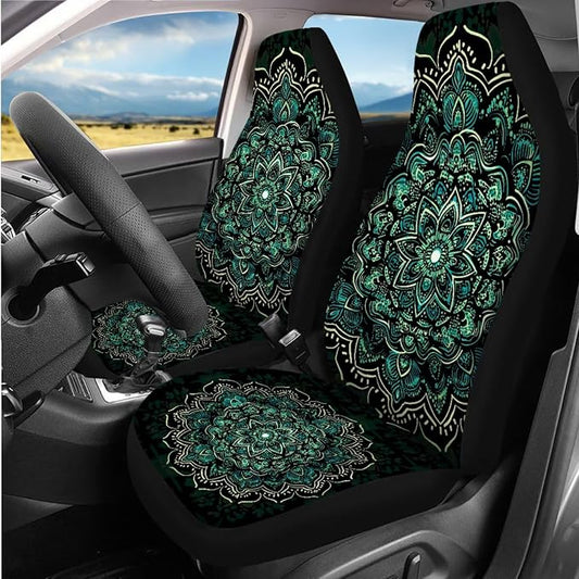 14 Pcs Green Mandala Car Seat Covers with Steering Wheel Cover,Seat Belt Covers Cup Holder with Keychain,Novelty Automotive Protector Set Universal Fit Cars SUV Truckss,Green