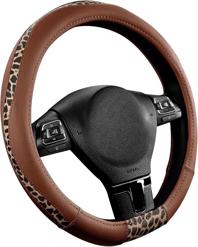 Road Comforts Steering Wheel Cover - Flat Bottom Wheel Cover Made with PVC Leather and Leopard Fabric - Universal Fit for 15-Inch D-Shaped Automotive Steering Wheels (Brown Color)