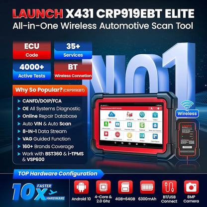 LAUNCH X431 CRP919EBT 2026 Wireless Bidirectional Scan Tool, All-in-One Full System OBD2 Scanner, ECU Coding, 35+ Services, CANFD&DOIP, FCA AutoAuth, VAG Guide, 2Yrs Free Update, Upgraded of CRP919E