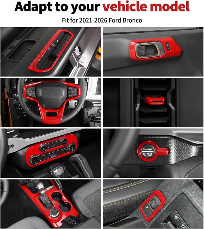 JWWY Interior Trim Kit Auto Interior Dress-Up Kit Decor Set Center Console Gear Shift Dashboard Panel Door Handle AC Rearview Vent Adjustment Cover Trim for 2021-2026 Ford Bronco Accessories 14pcs Red