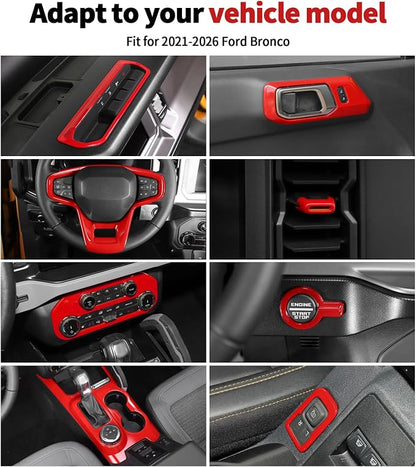 JWWY Interior Trim Kit Auto Interior Dress-Up Kit Decor Set Center Console Gear Shift Dashboard Panel Door Handle AC Rearview Vent Adjustment Cover Trim for 2021-2026 Ford Bronco Accessories 14pcs Red