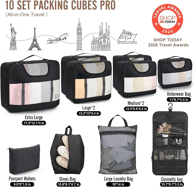 Veken 10 Set Packing Cubes for Travel Essentials,Anti-Wrinkle Buckled Suitcase Organizer for Shoe & Toiletry Bag,Carry On Luggage Bag with 99+ Count Mesh Holes for Airplane & College Dorm Accessories